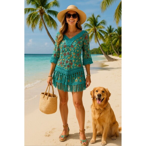 ASHA Boho Embroidered Mesh Top Crochet Fringe Festival Blouse Women’s One Size - Picture 1 of 5